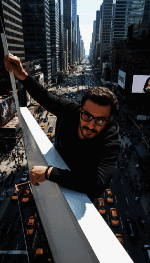 فردی با ژست خاص در نمای شهری