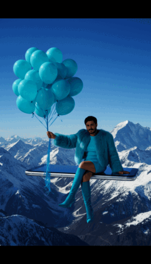 شخصی بر روی گوشی شناور در کوهستان