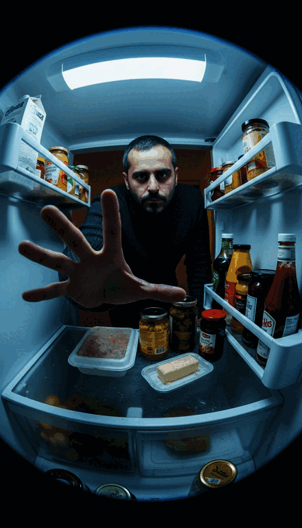 شخص داخل یخچال، دست به دوربین