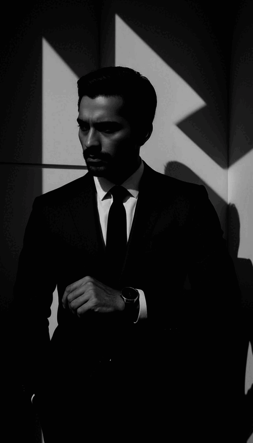 شخص با کت‌وشلوار رسمی، نورپردازی دراماتیک، ژست متفکرانه