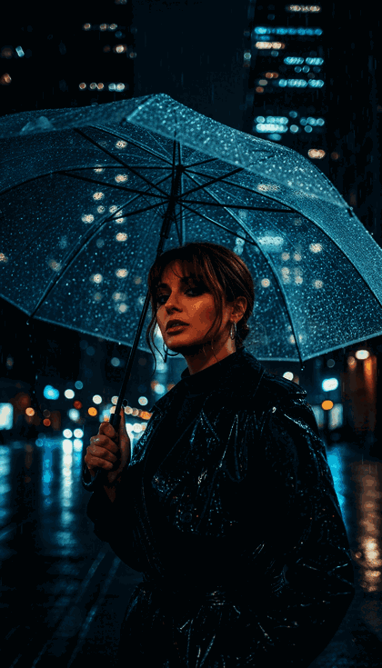 پرتره، شب بارانی، چتر، فضای شهری، جو سینمایی