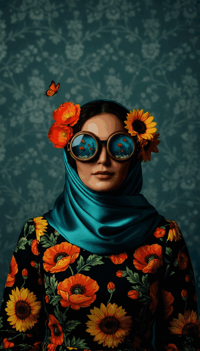 پرتره سینمایی، حجاب، عینک، گل، دیوراما