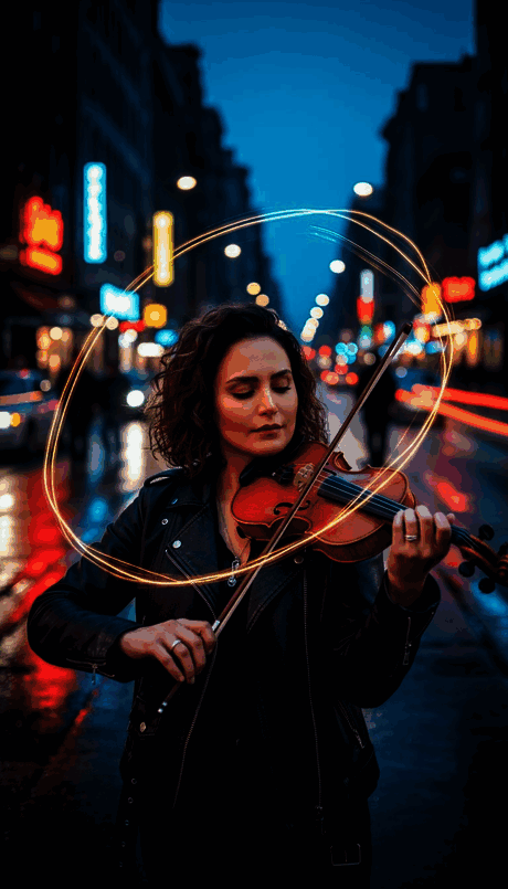 شخصی ویولن‌زن در خیابان شهر، شب